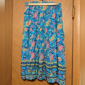 merokeety midi skirt - size large - teal, pink, and yellow floral
